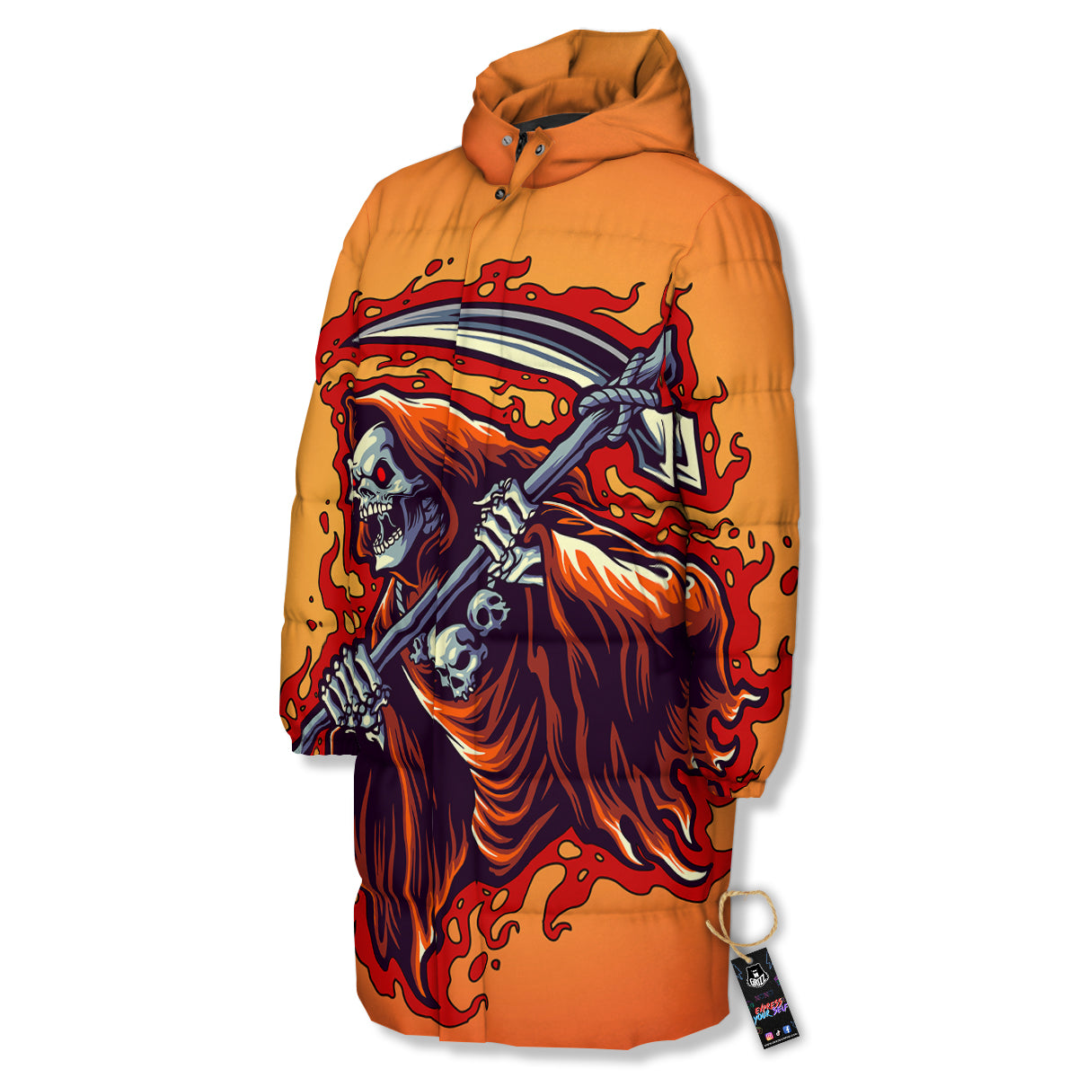 Grim Reaper And Fire Print Long Down Jacket-grizzshop