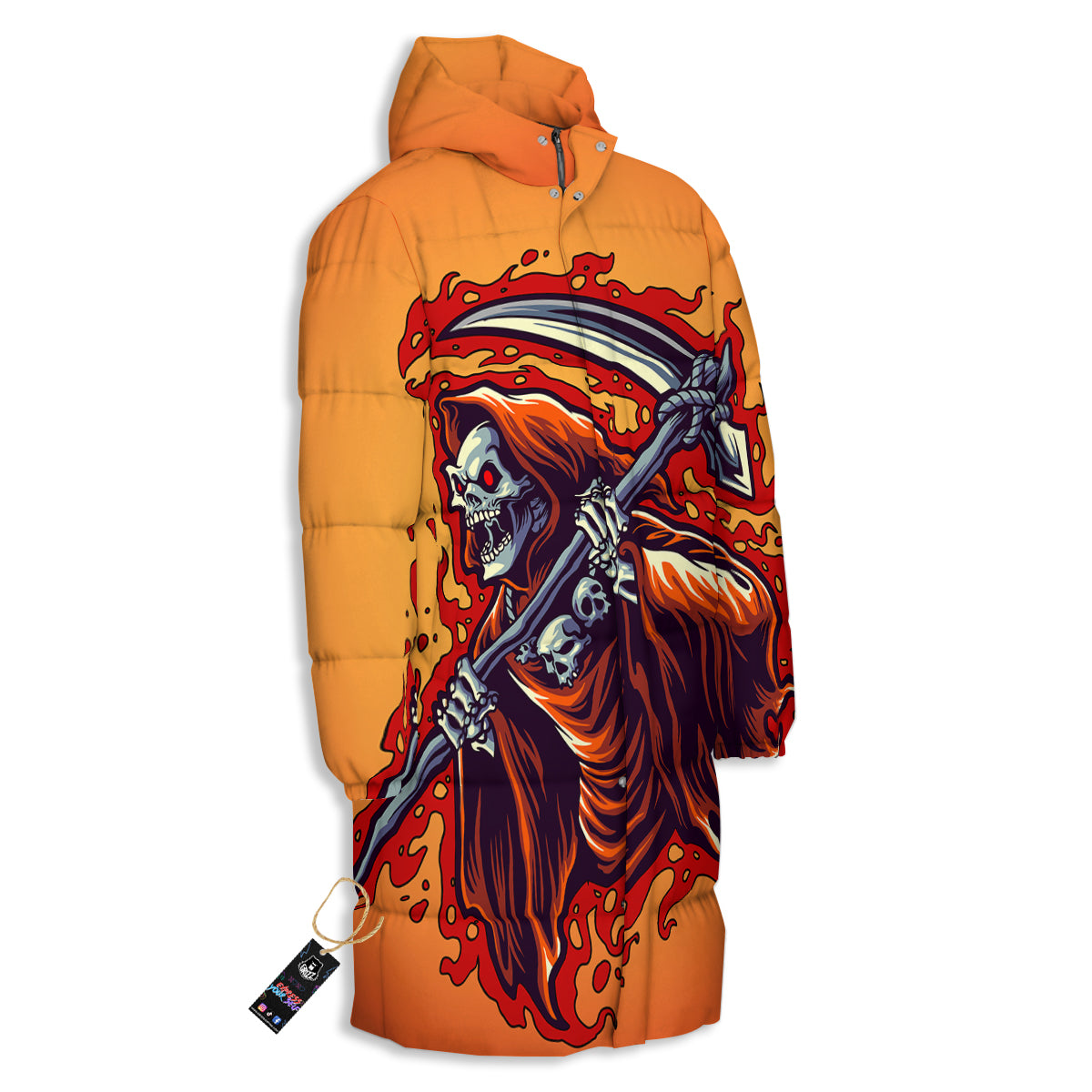 Grim Reaper And Fire Print Long Down Jacket-grizzshop
