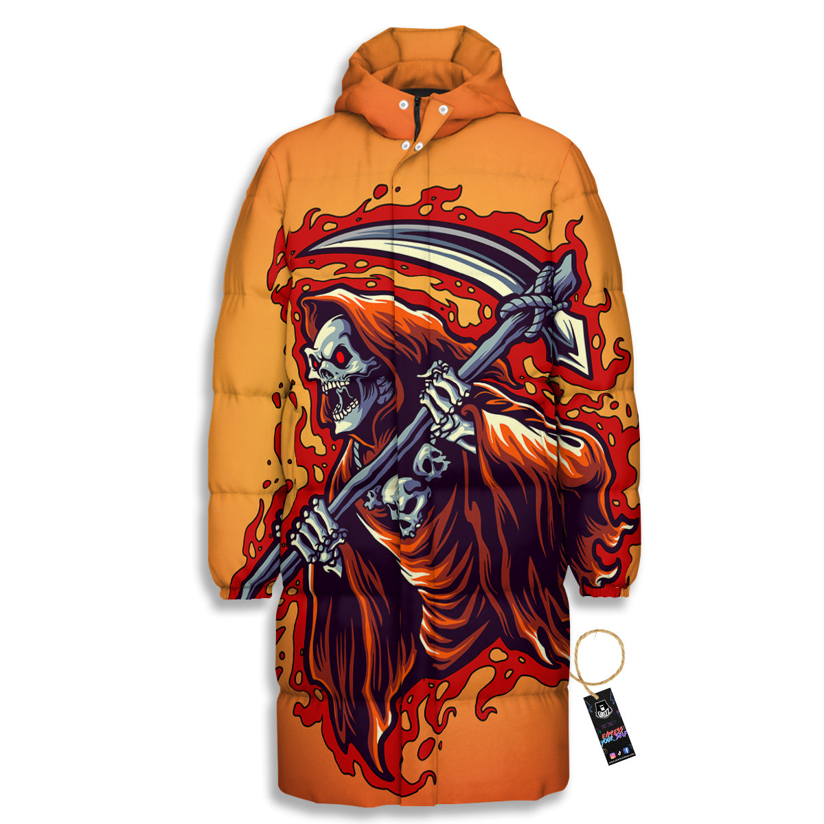 Grim Reaper And Fire Print Long Down Jacket-grizzshop