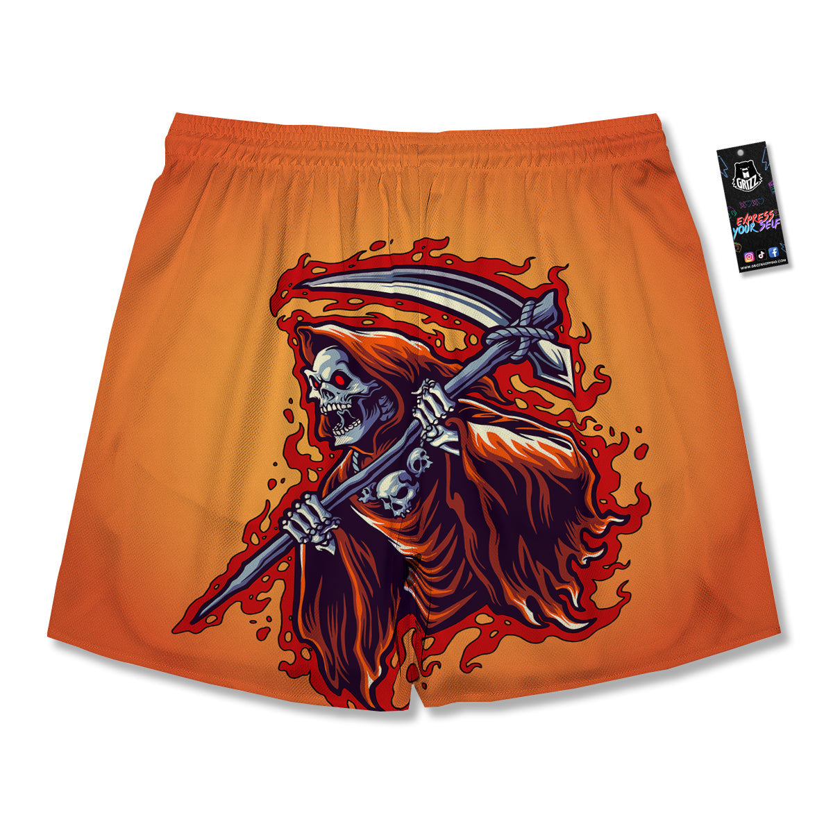 Grim Reaper And Fire Print Men's Running Shorts-grizzshop