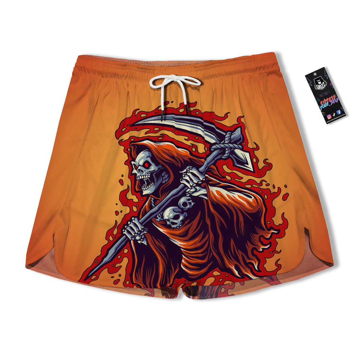 Grim Reaper And Fire Print Men's Running Shorts-grizzshop