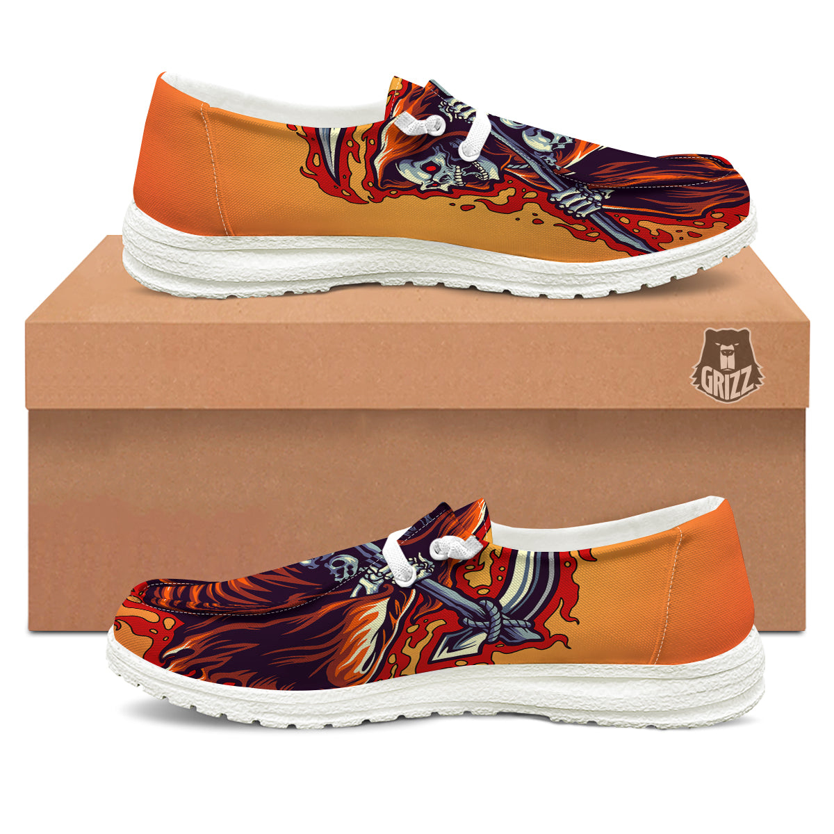 Grim Reaper And Fire Print White Loafers-grizzshop