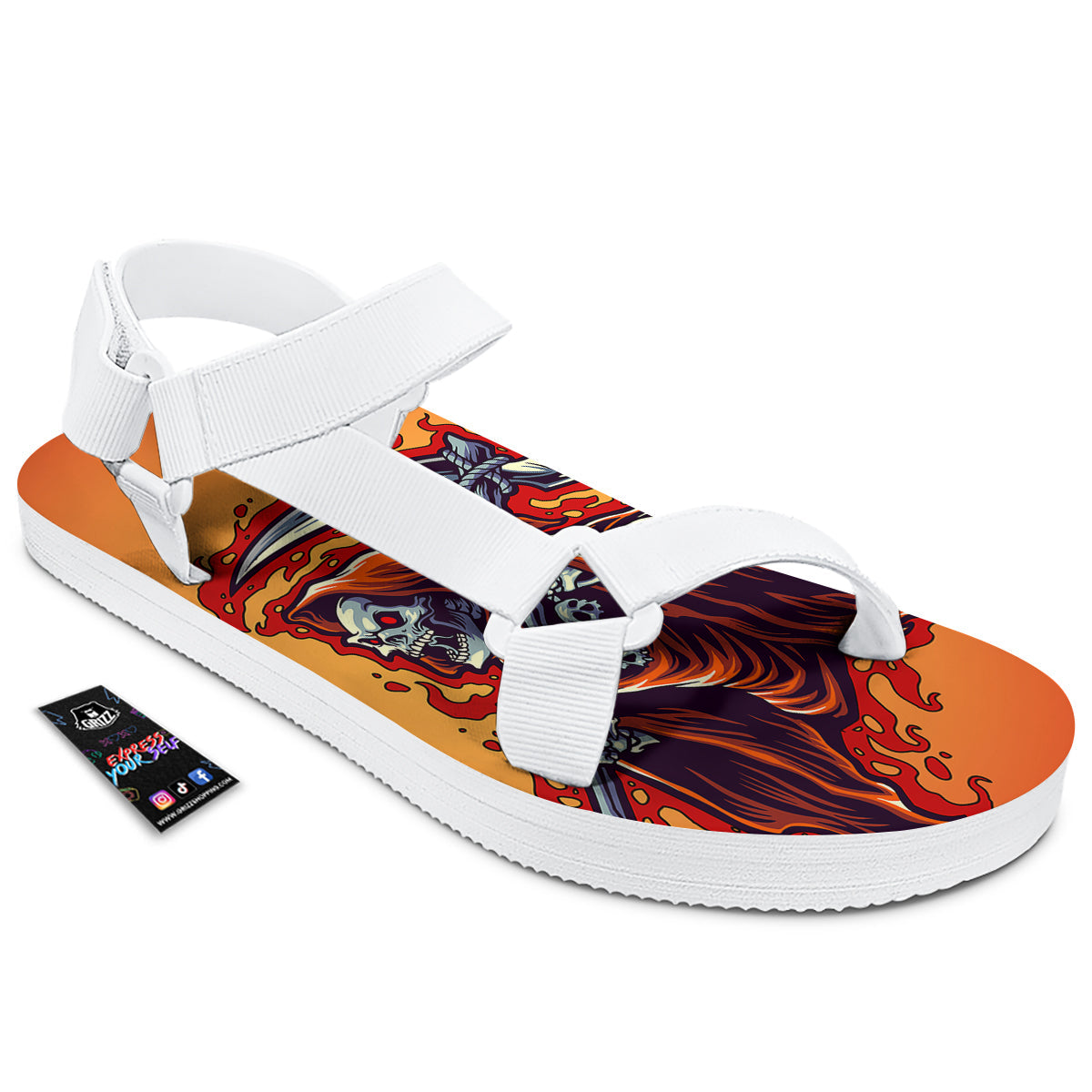Grim Reaper And Fire Print White Open Toe Sandals-grizzshop