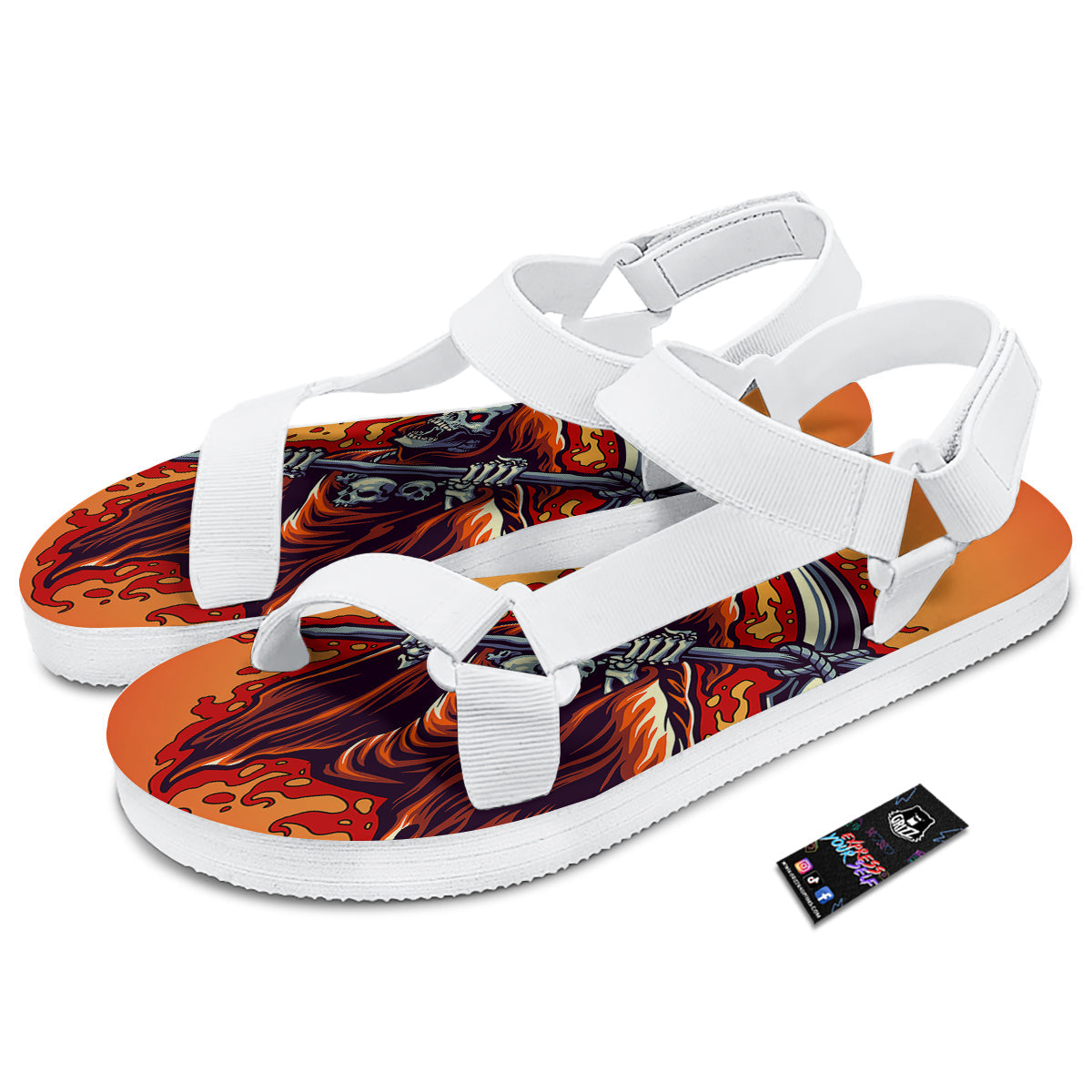 Grim Reaper And Fire Print White Open Toe Sandals-grizzshop