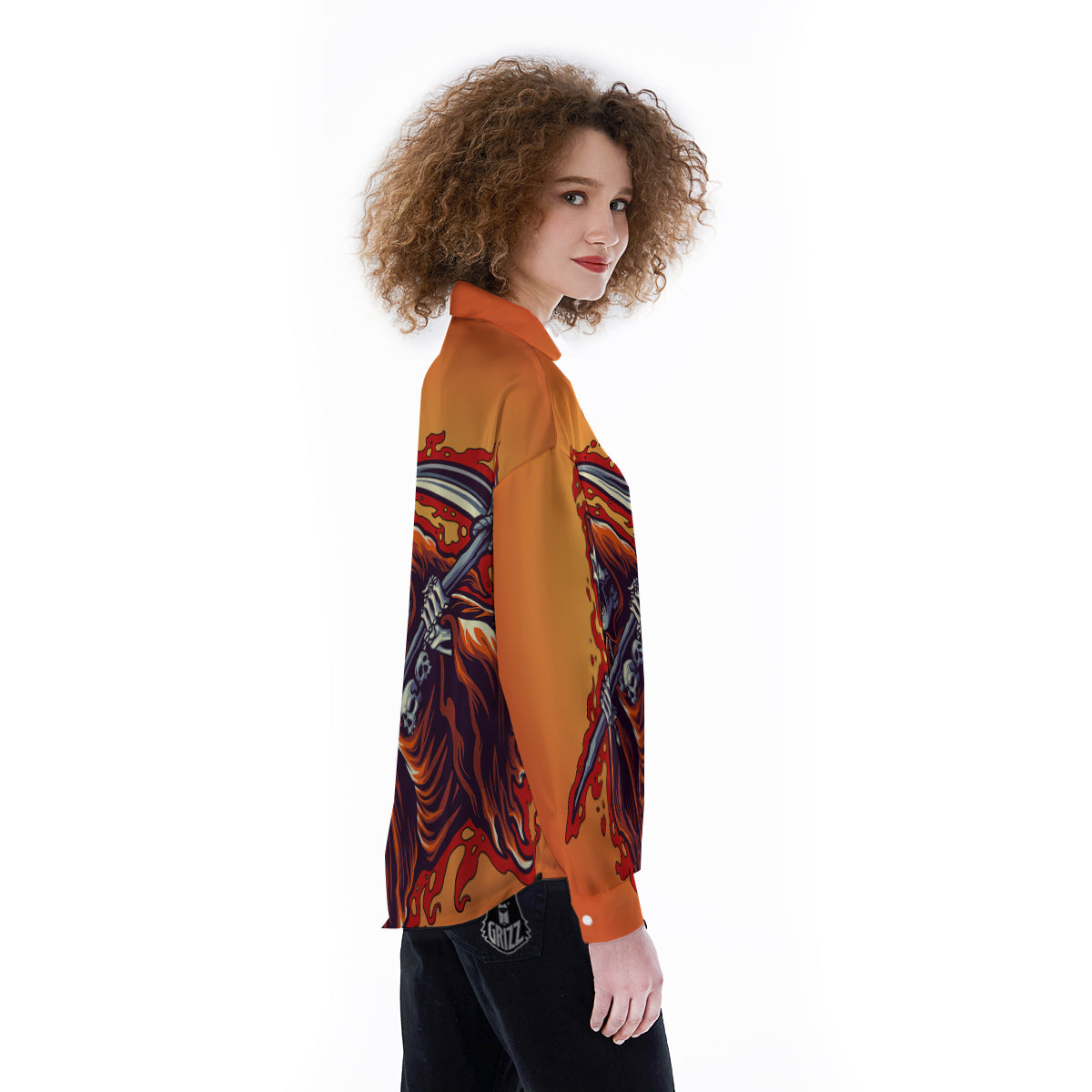 Grim Reaper And Fire Print Women's Long Sleeve Shirts-grizzshop