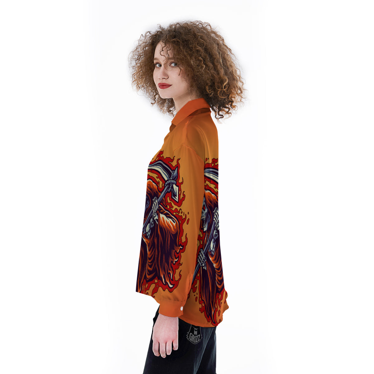 Grim Reaper And Fire Print Women's Long Sleeve Shirts-grizzshop