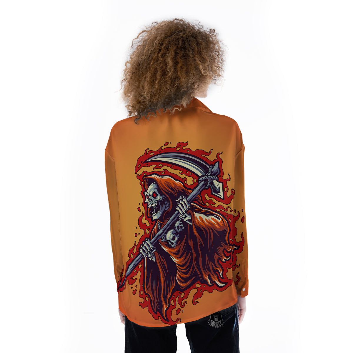 Grim Reaper And Fire Print Women's Long Sleeve Shirts-grizzshop
