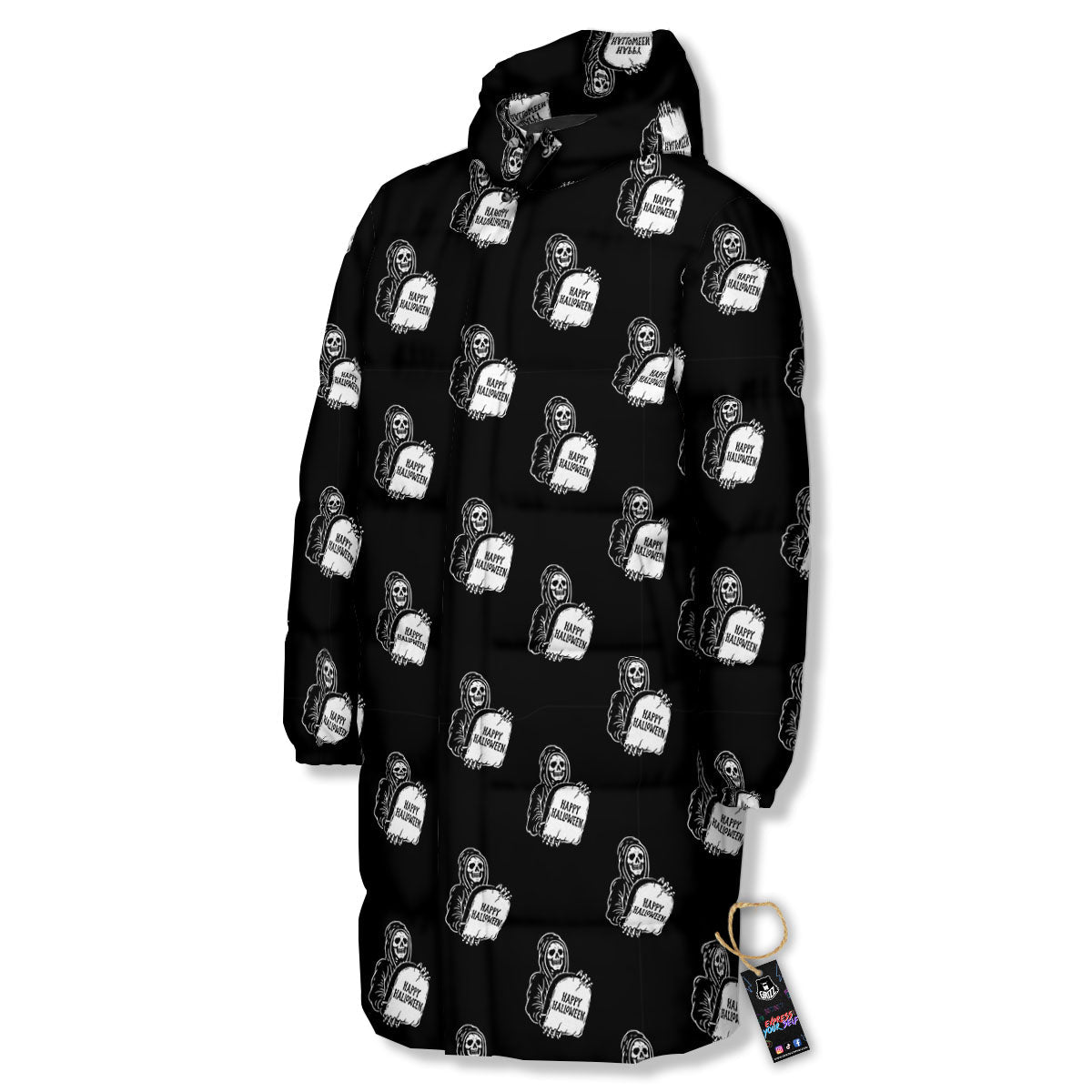 Grim Reaper Halloween Print Pattern Long Down Jacket-grizzshop