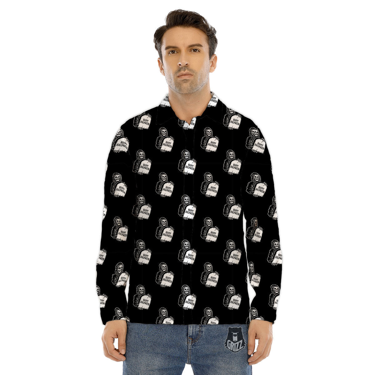 Grim Reaper Halloween Print Pattern Men's Dress Shirts-grizzshop