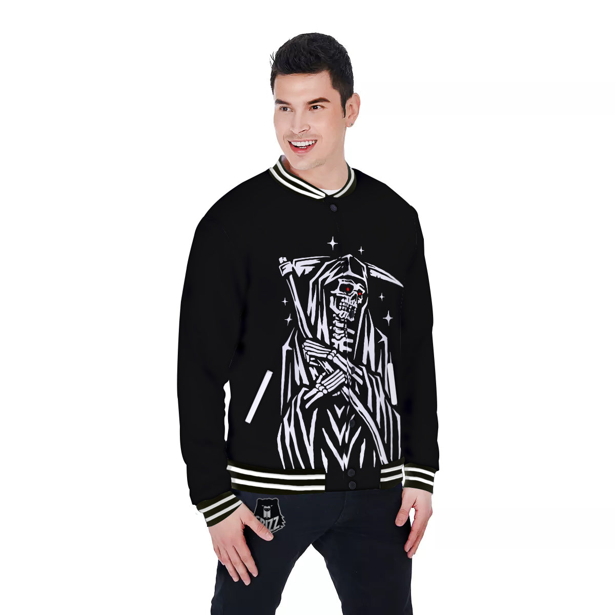 Grim Reaper Sad Print Baseball Jacket-grizzshop