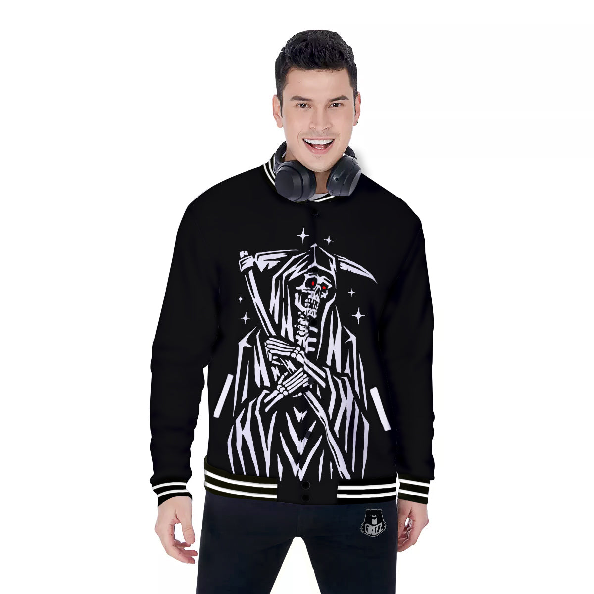 Grim Reaper Sad Print Baseball Jacket-grizzshop