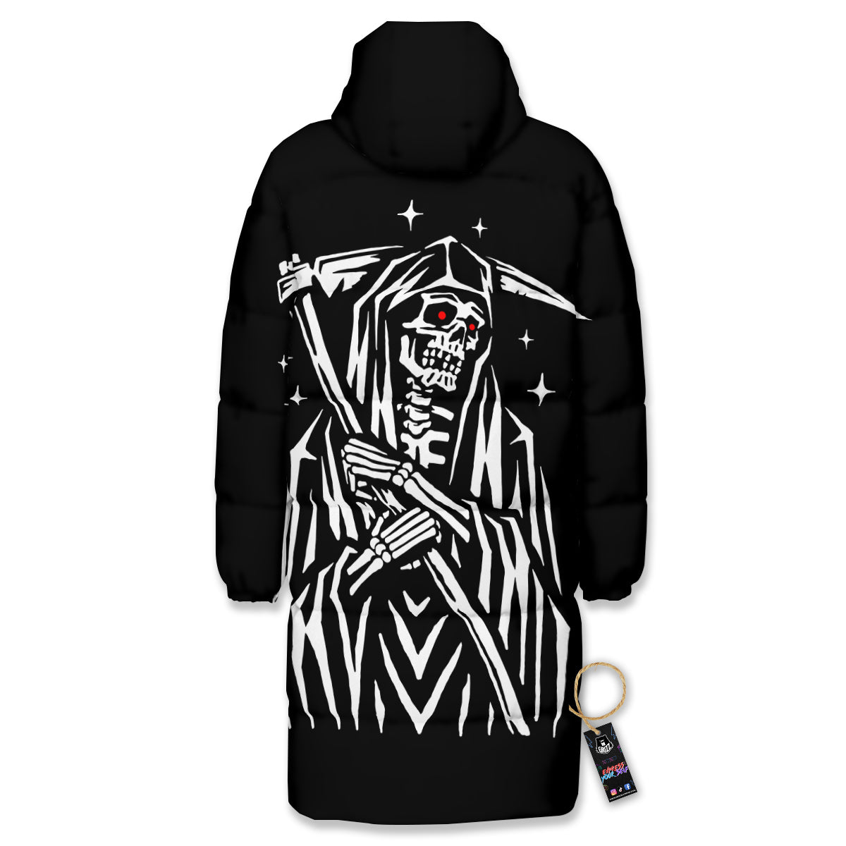 Grim Reaper Sad Print Long Down Jacket-grizzshop
