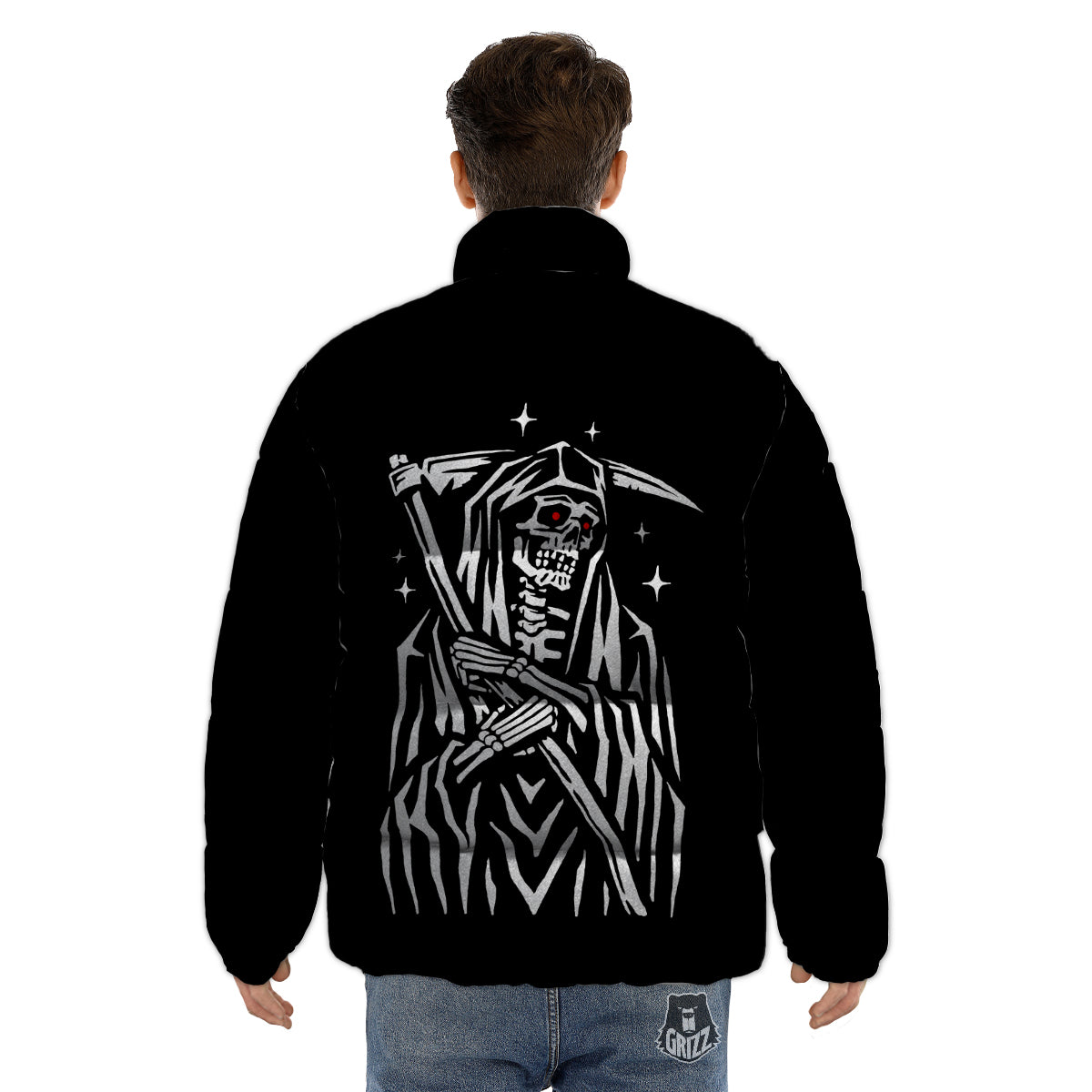 Grim Reaper Sad Print Puffer Jacket-grizzshop