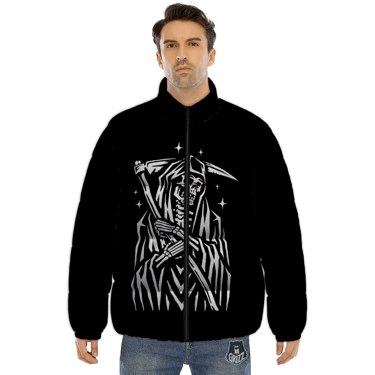 Grim Reaper Sad Print Puffer Jacket