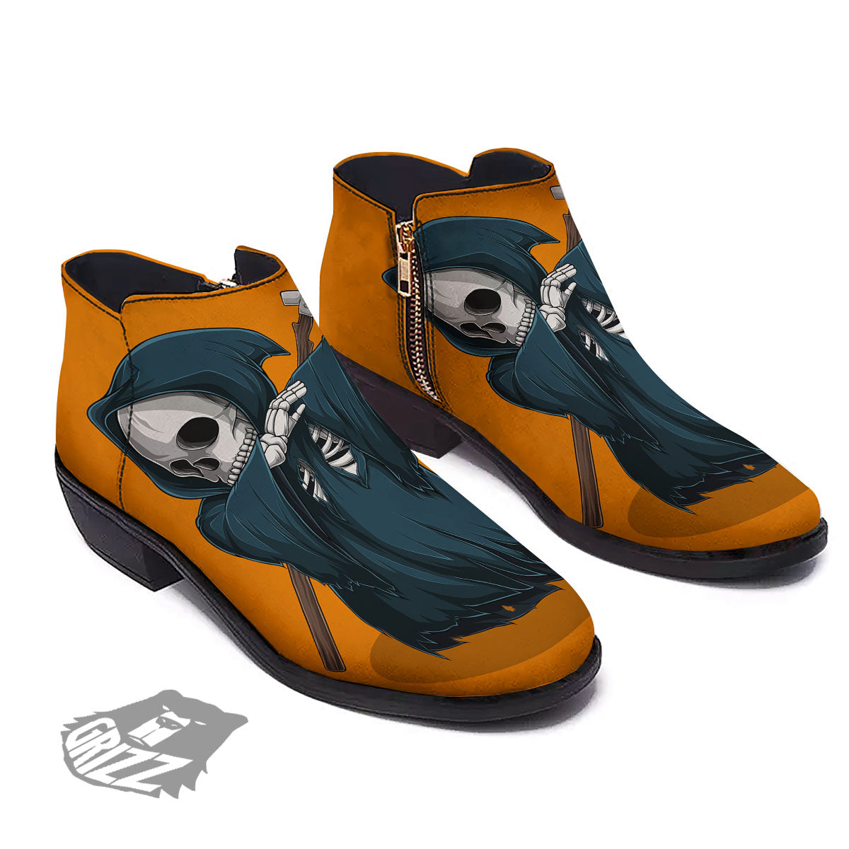Grim Reaper Skeleton Dap Print Ankle Boots-grizzshop