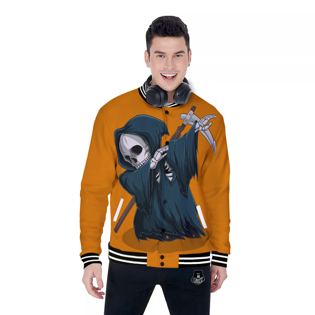Grim Reaper Skeleton Dap Print Baseball Jacket-grizzshop