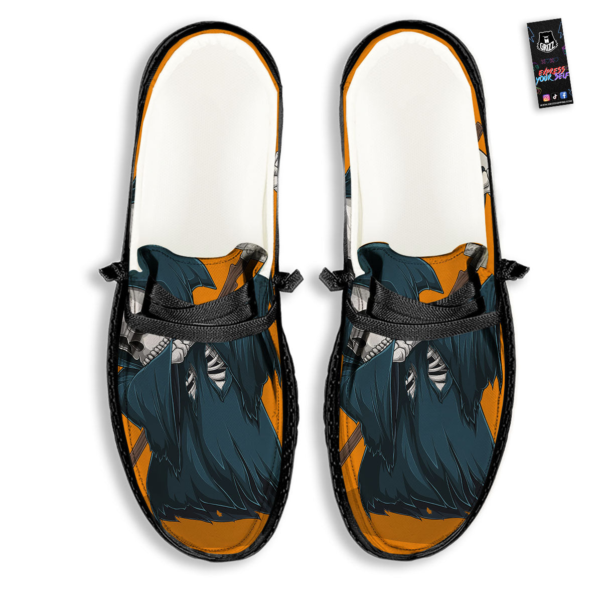 Grim Reaper Skeleton Dap Print Black Loafers-grizzshop