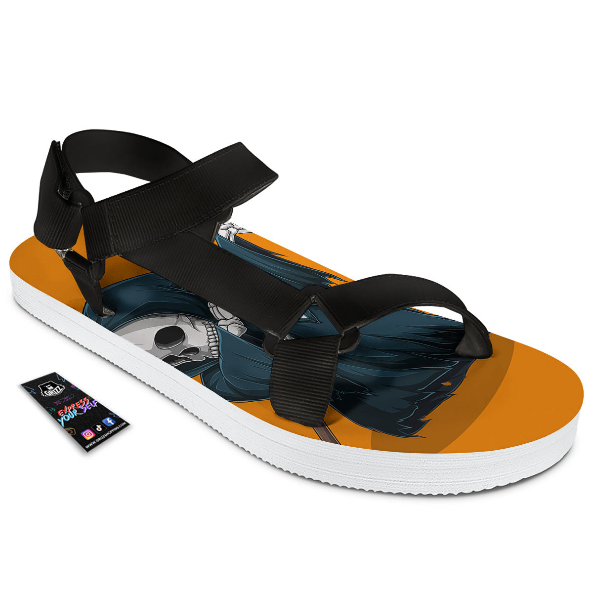 Grim Reaper Skeleton Dap Print Black Open Toe Sandals-grizzshop