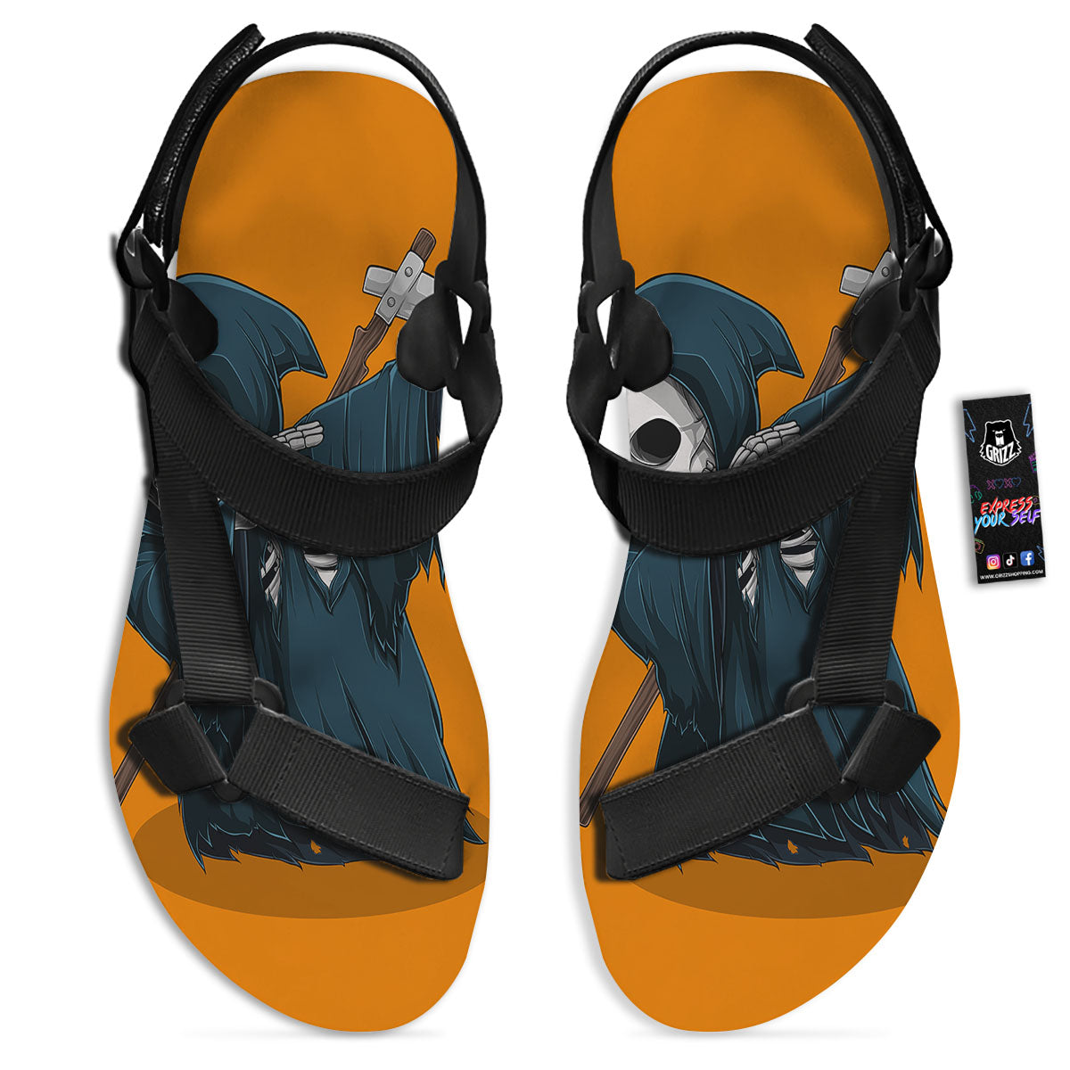 Grim Reaper Skeleton Dap Print Black Open Toe Sandals-grizzshop