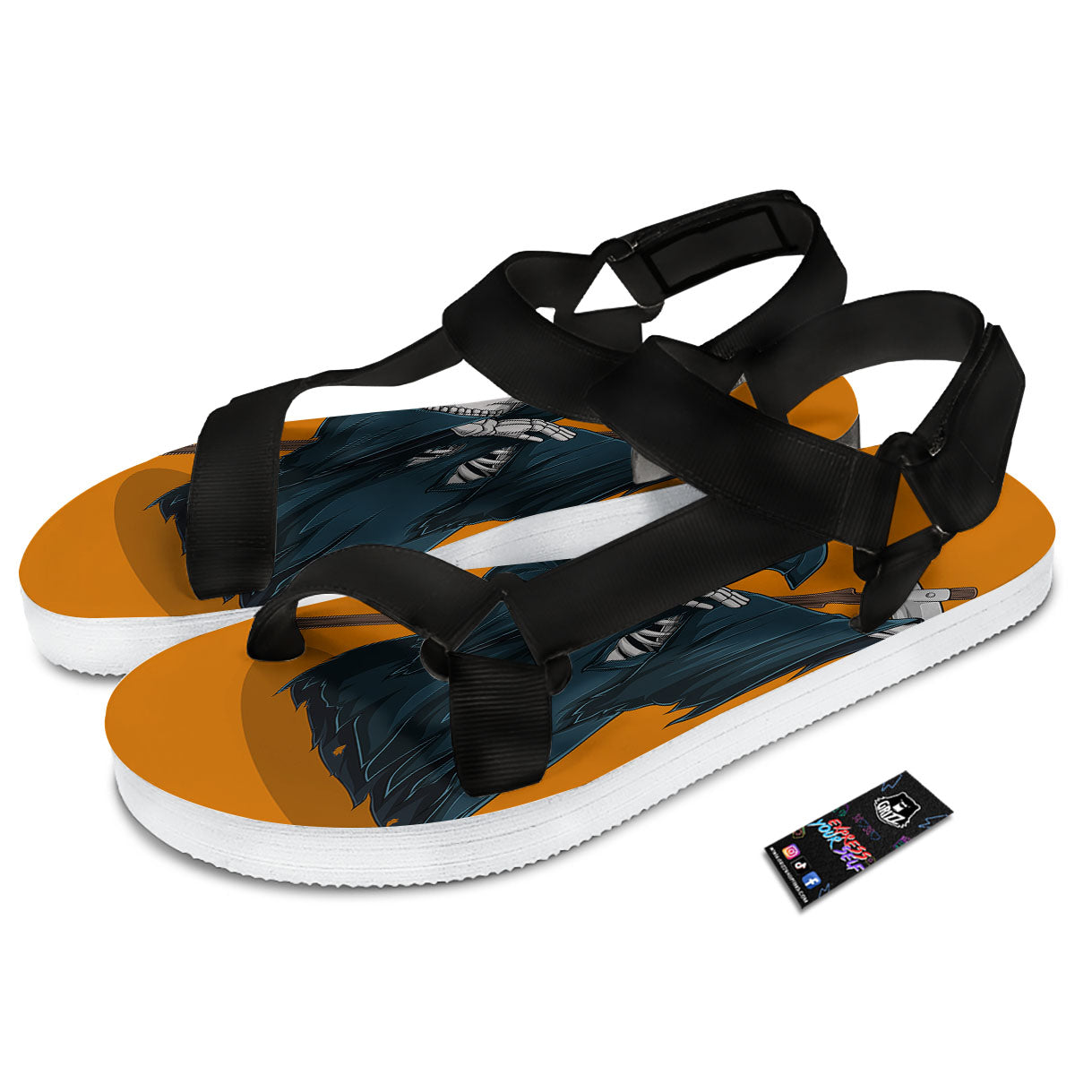 Grim Reaper Skeleton Dap Print Black Open Toe Sandals-grizzshop