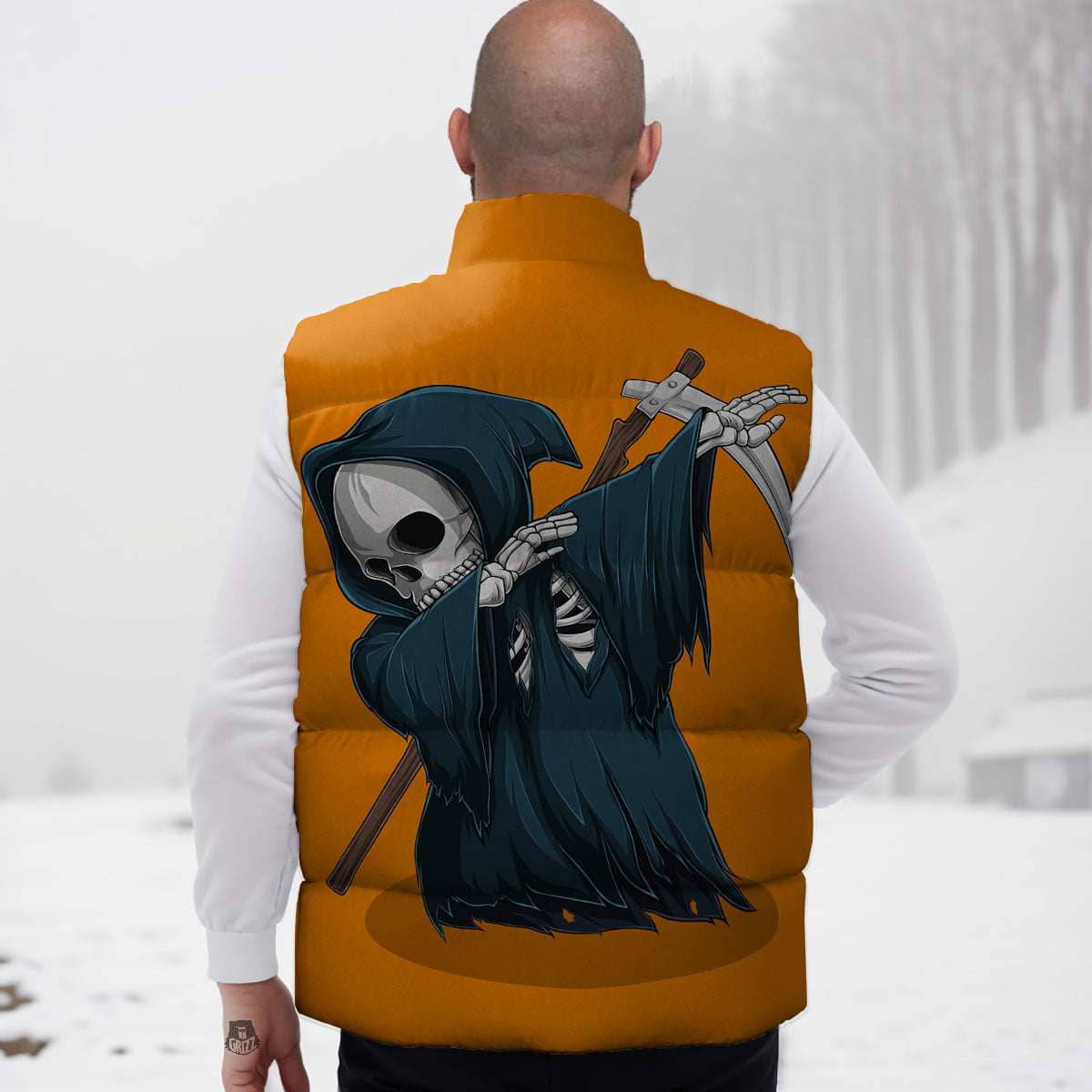 Grim Reaper Skeleton Dap Print Down Vest
