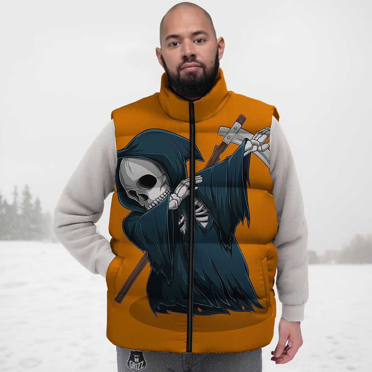 Grim Reaper Skeleton Dap Print Down Vest