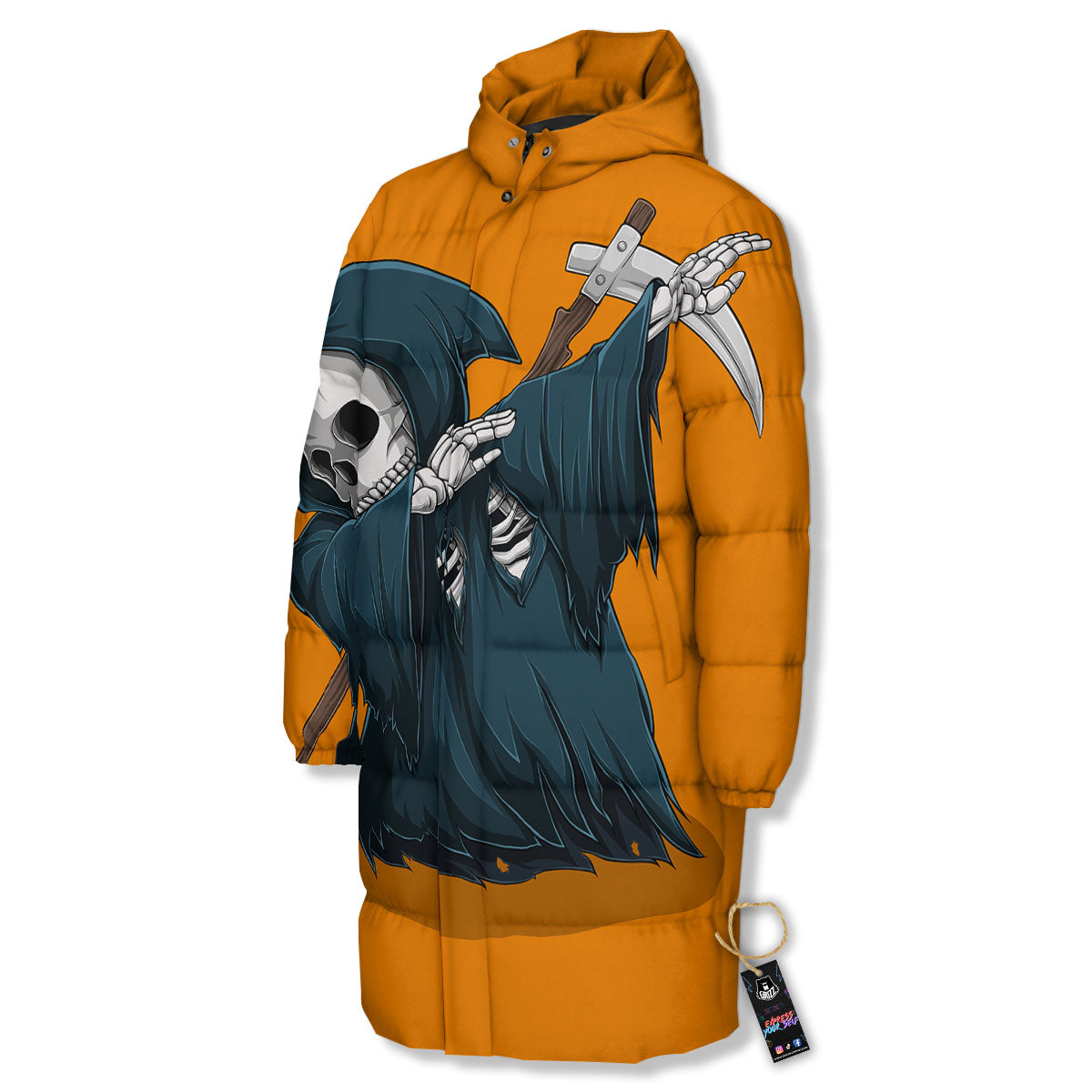 Grim Reaper Skeleton Dap Print Long Down Jacket-grizzshop