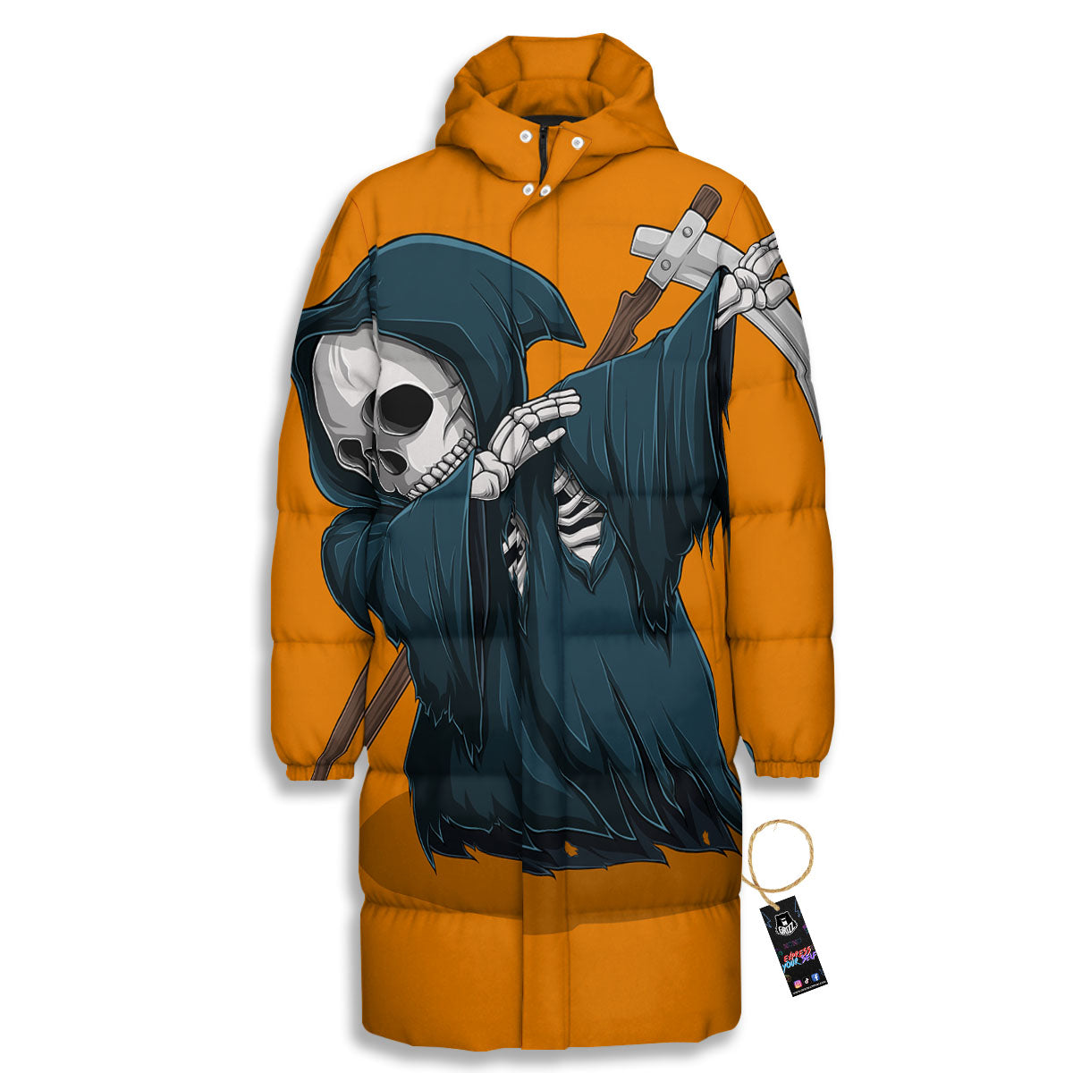 Grim Reaper Skeleton Dap Print Long Down Jacket-grizzshop