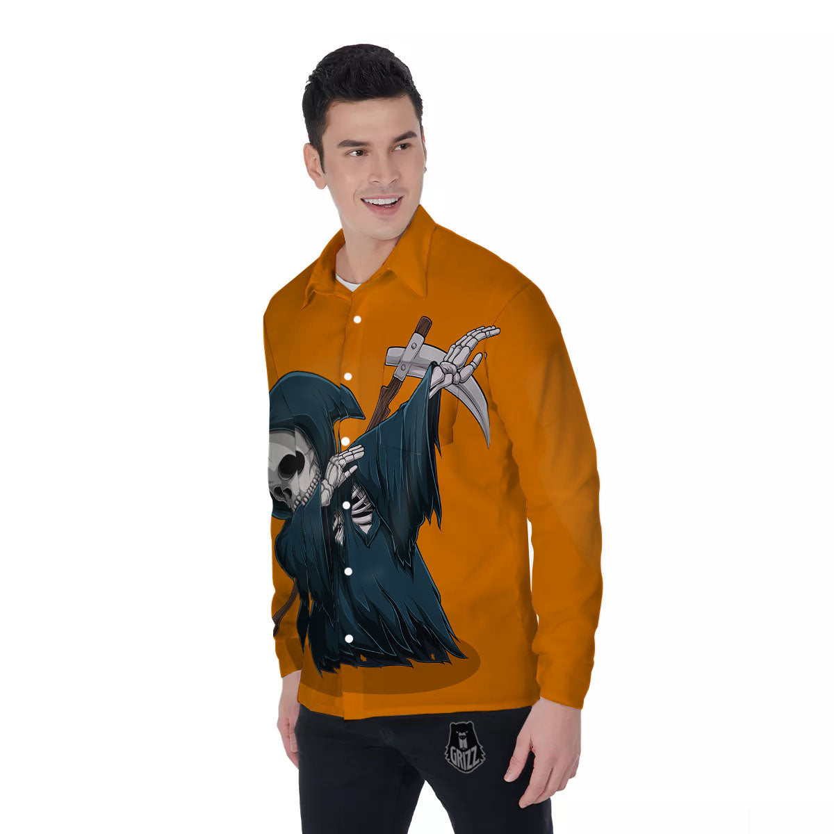 Grim Reaper Skeleton Dap Print Men's Long Sleeve Shirts-grizzshop
