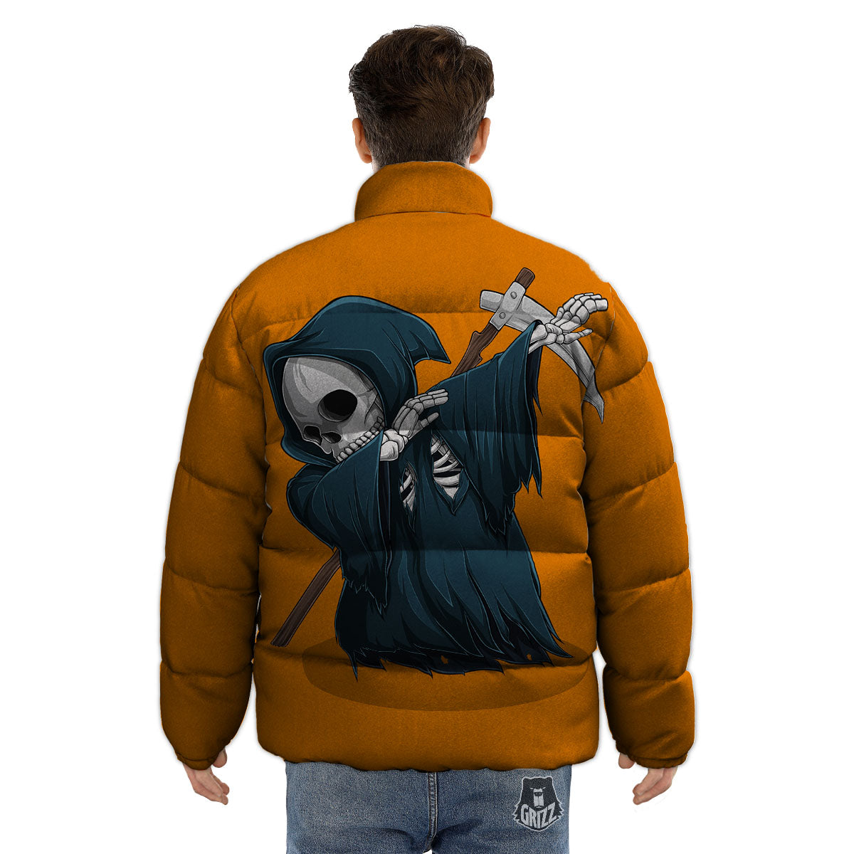 Grim Reaper Skeleton Dap Print Puffer Jacket-grizzshop
