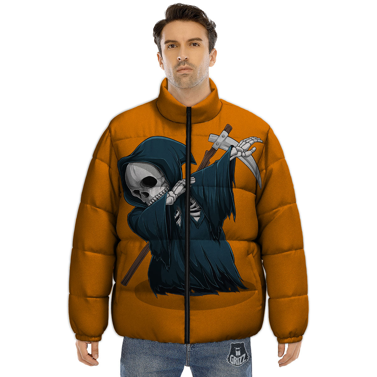 Grim Reaper Skeleton Dap Print Puffer Jacket-grizzshop