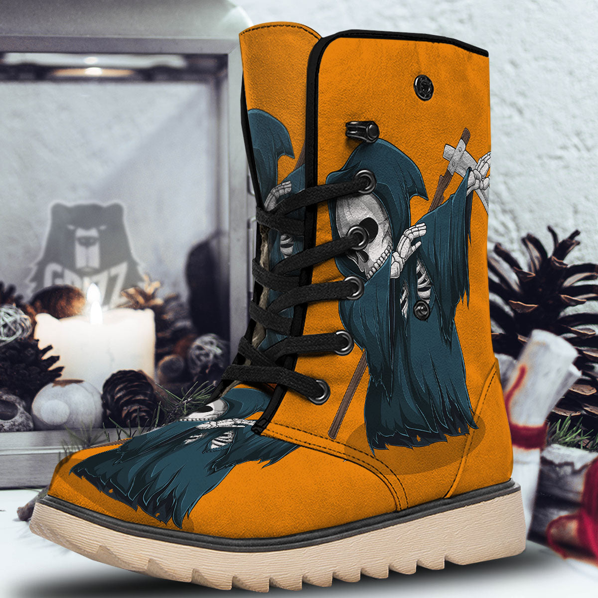 Grim Reaper Skeleton Dap Print Snow Boots-grizzshop