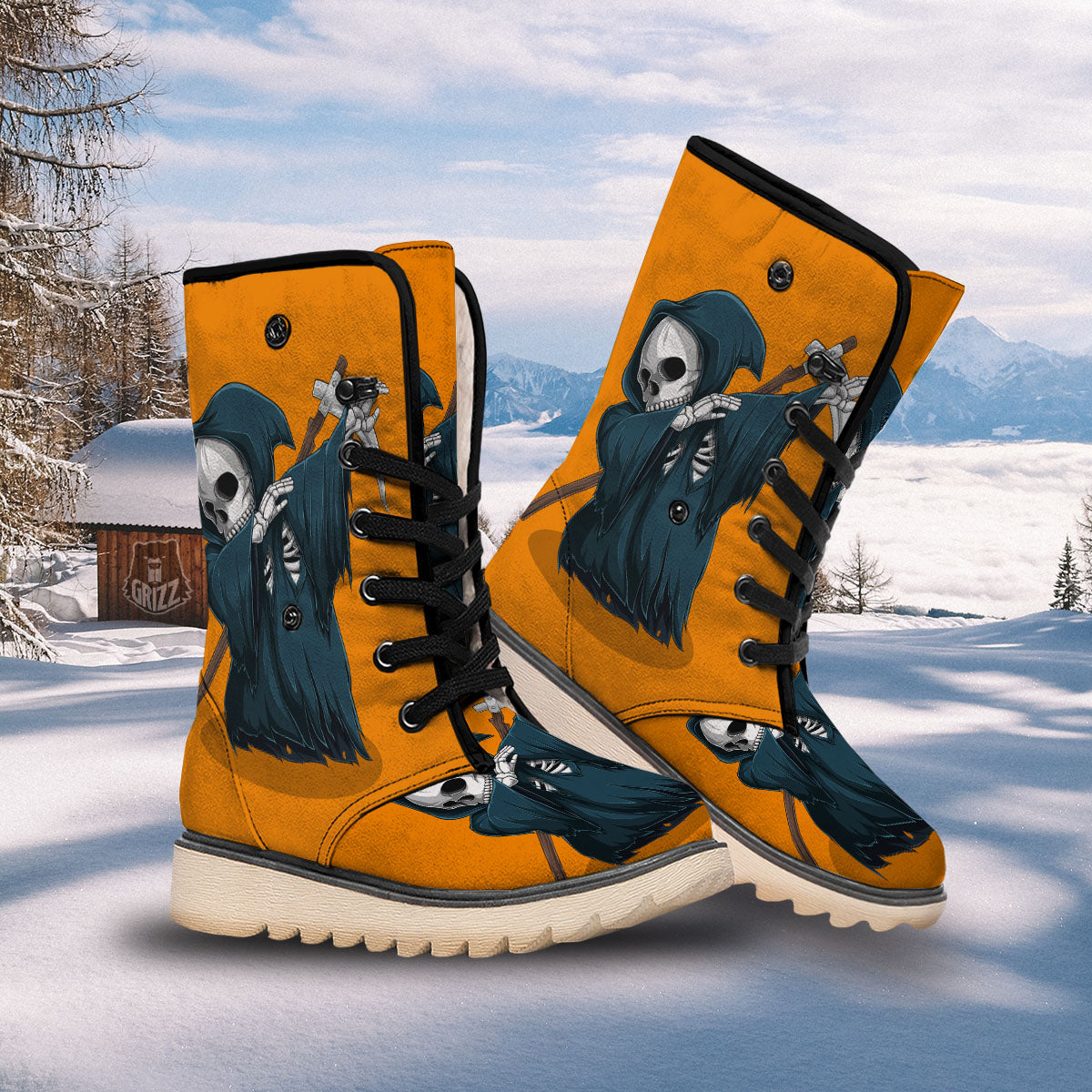 Grim Reaper Skeleton Dap Print Snow Boots-grizzshop