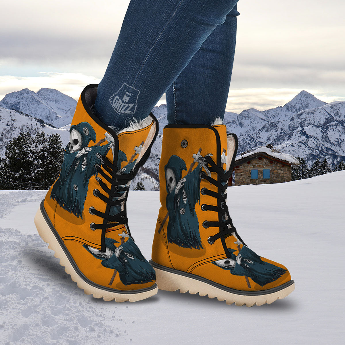 Grim Reaper Skeleton Dap Print Snow Boots-grizzshop