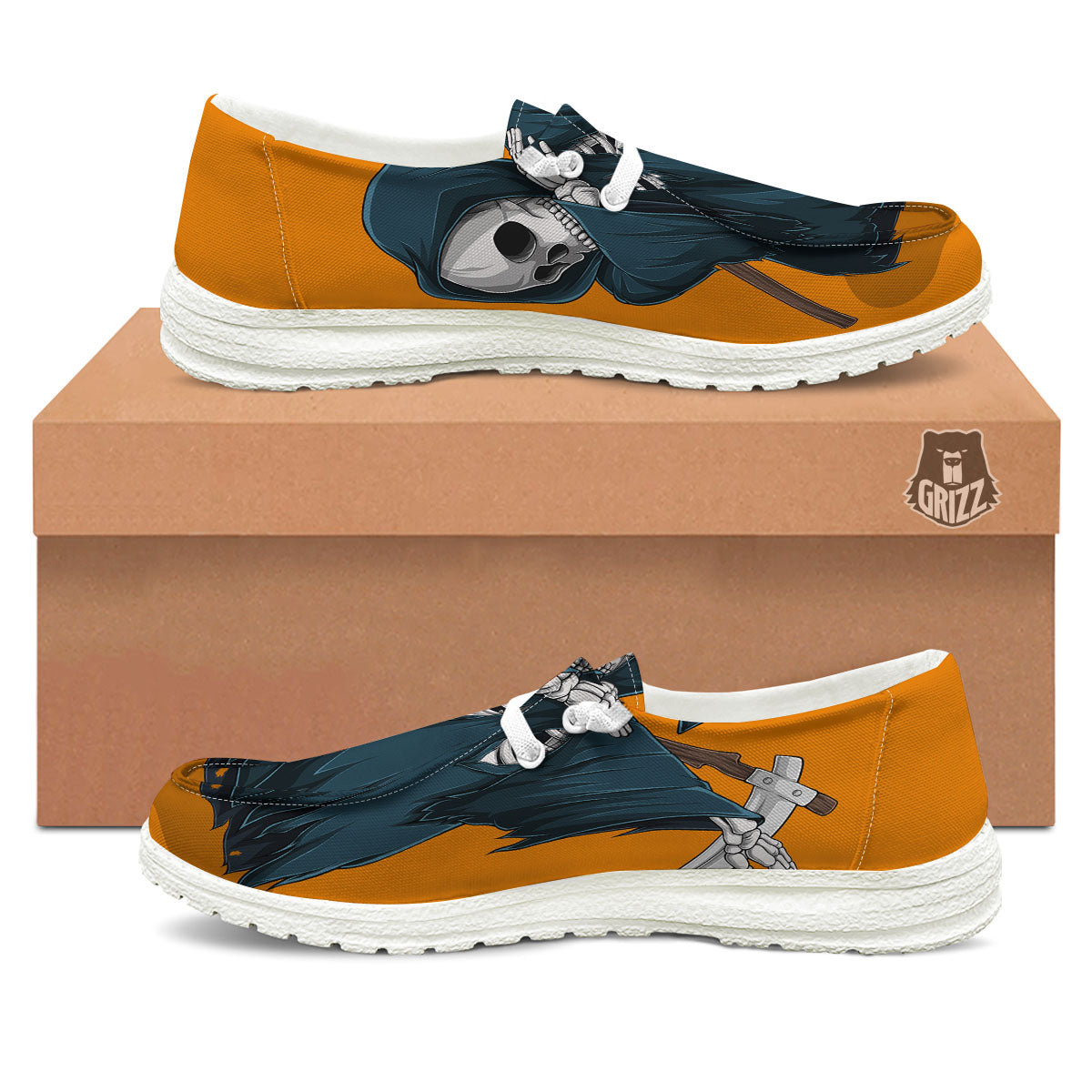 Grim Reaper Skeleton Dap Print White Loafers-grizzshop