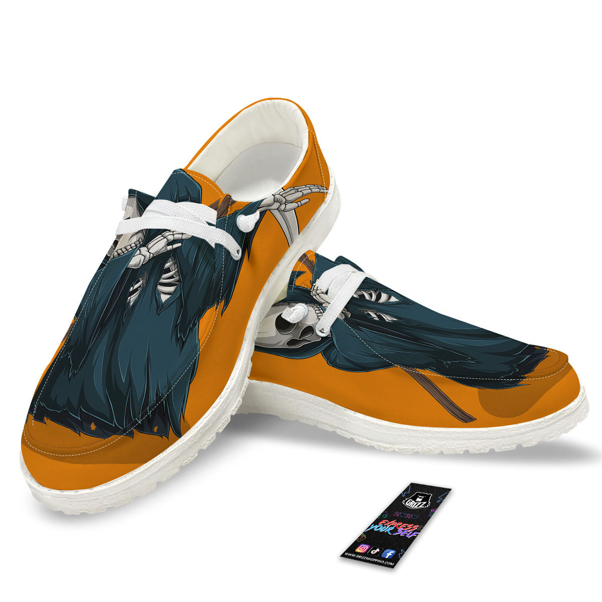 Grim Reaper Skeleton Dap Print White Loafers-grizzshop