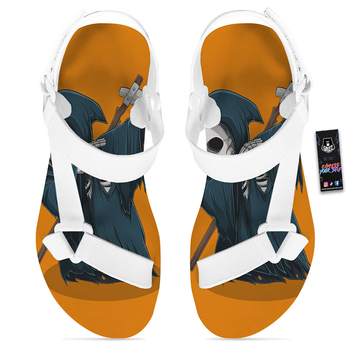 Grim Reaper Skeleton Dap Print White Open Toe Sandals-grizzshop