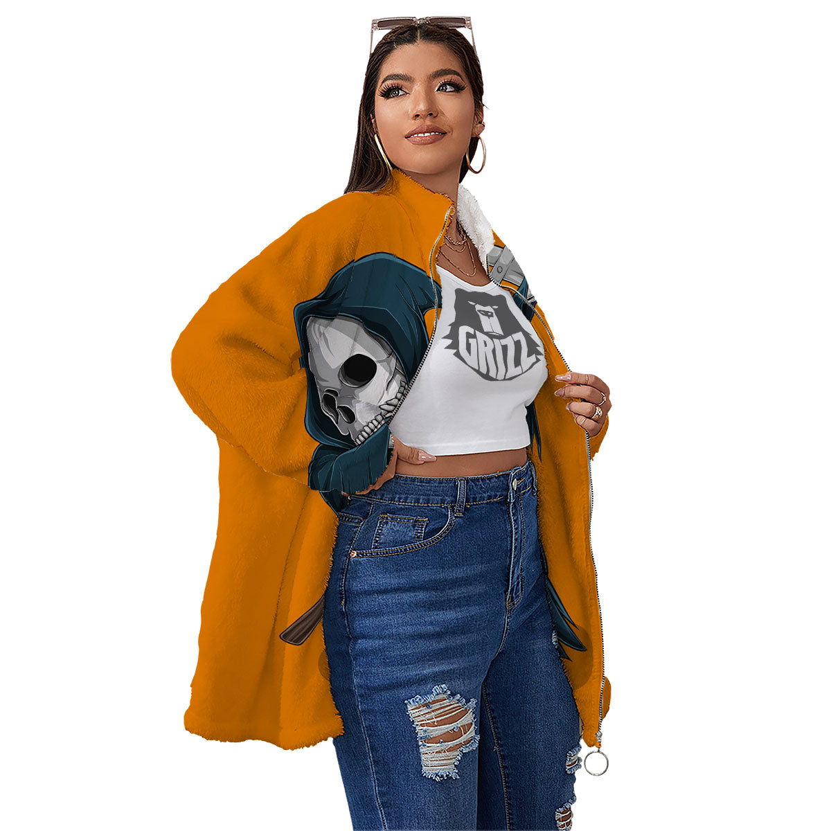 Grim Reaper Skeleton Dap Print Women's Sherpa Jacket-grizzshop