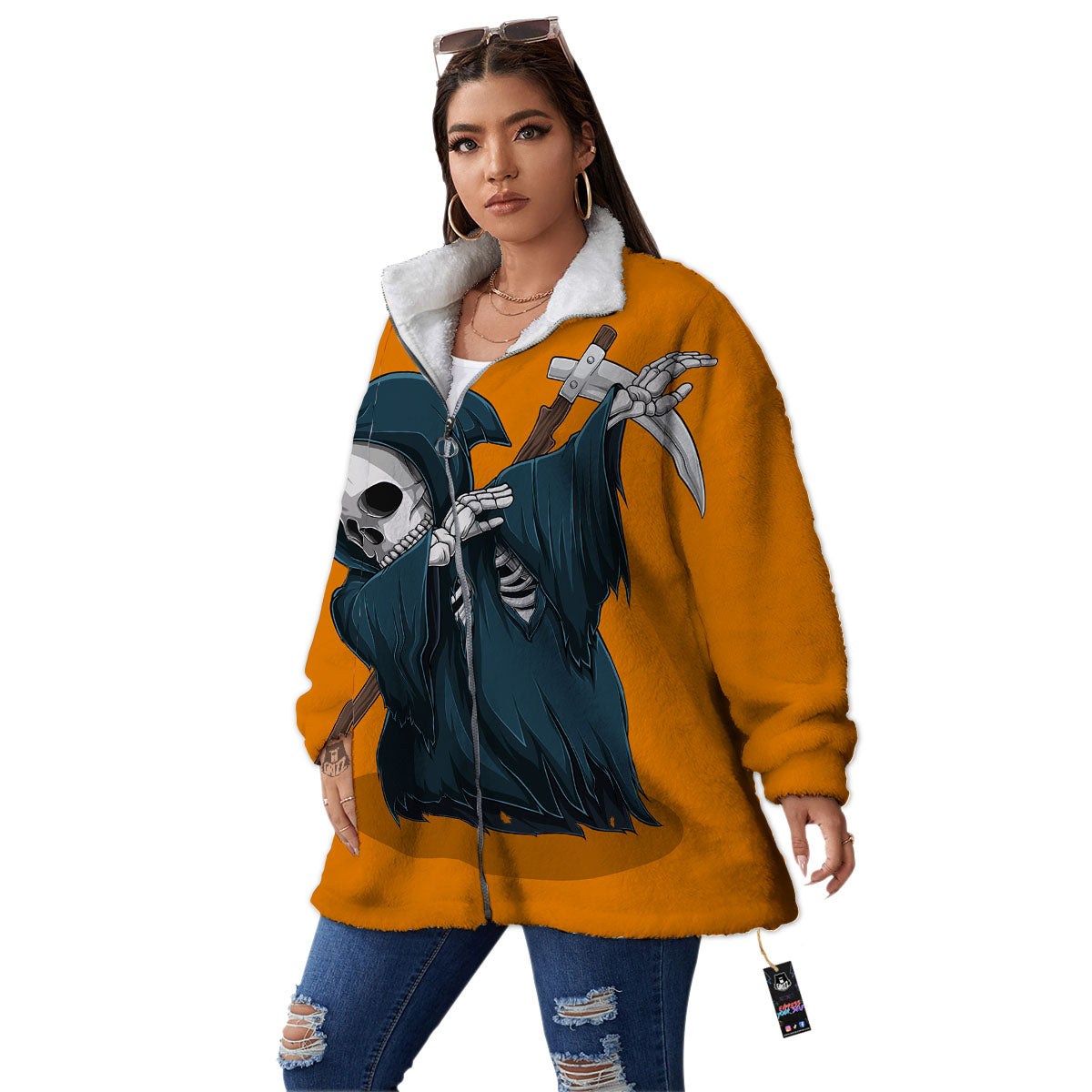 Grim Reaper Skeleton Dap Print Women's Sherpa Jacket-grizzshop