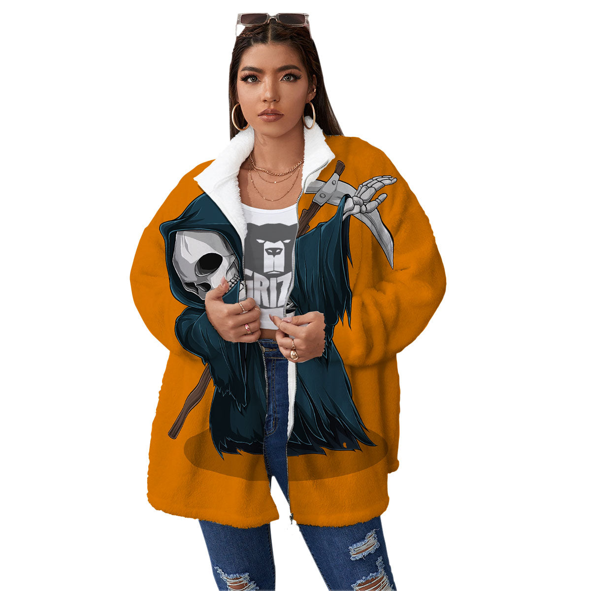 Grim Reaper Skeleton Dap Print Women's Sherpa Jacket-grizzshop
