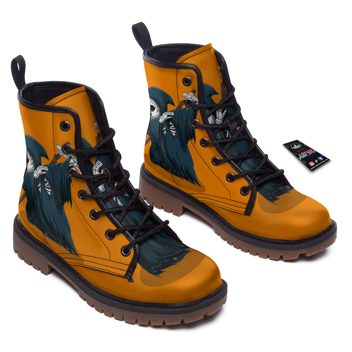 Grim Reaper Skeleton Dap Print Work Boots-grizzshop