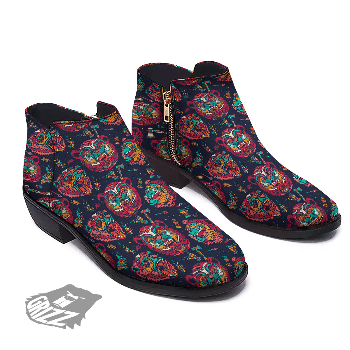 Grizz Bear Oldschool Tattoo Print Pattern Ankle Boots-grizzshop