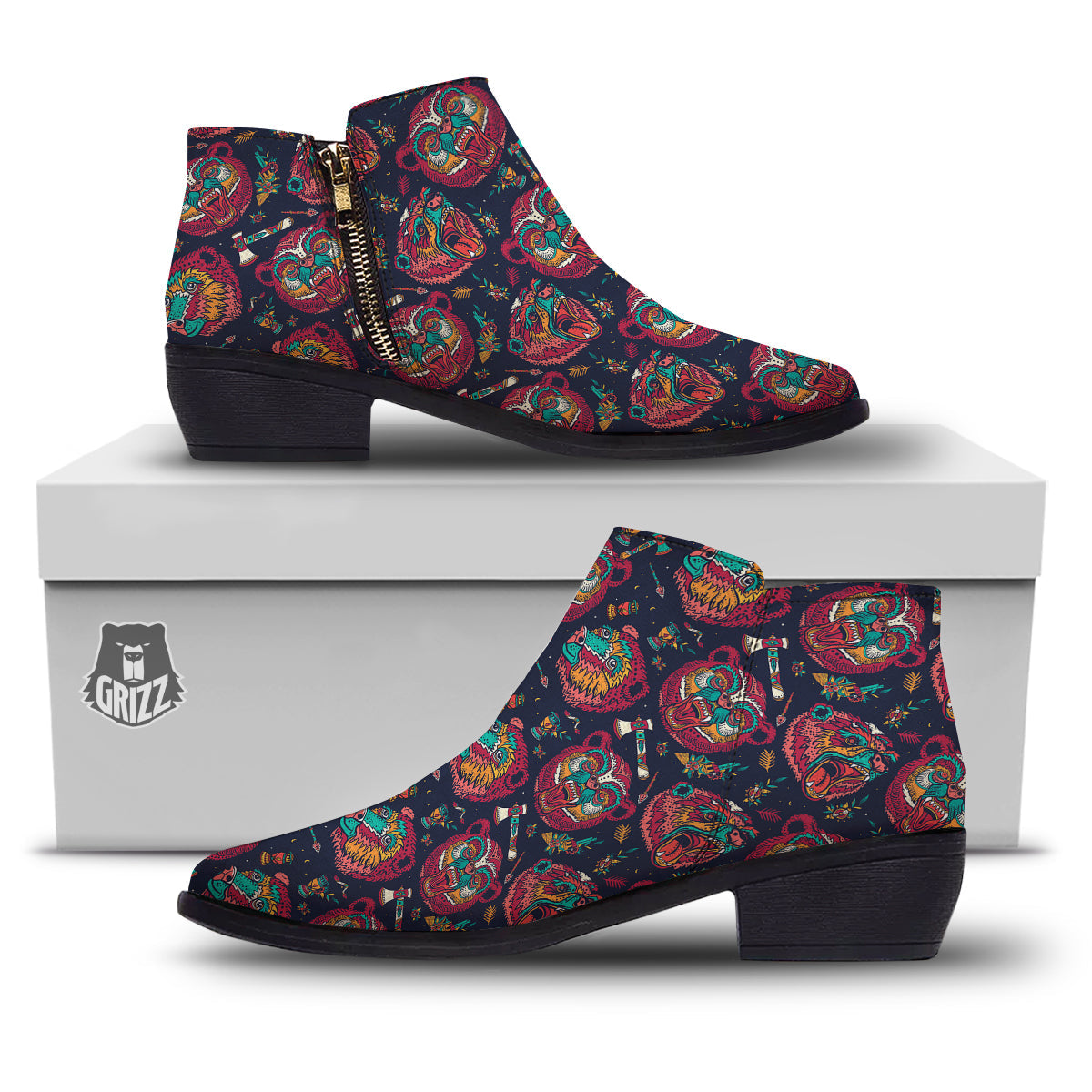 Grizz Bear Oldschool Tattoo Print Pattern Ankle Boots-grizzshop