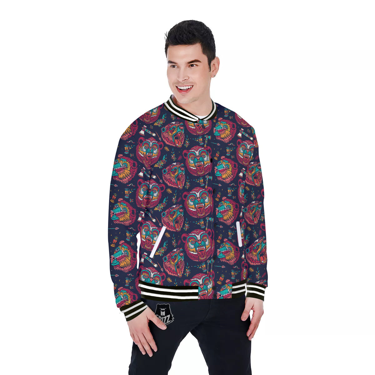 Grizz Bear Oldschool Tattoo Print Pattern Baseball Jacket-grizzshop