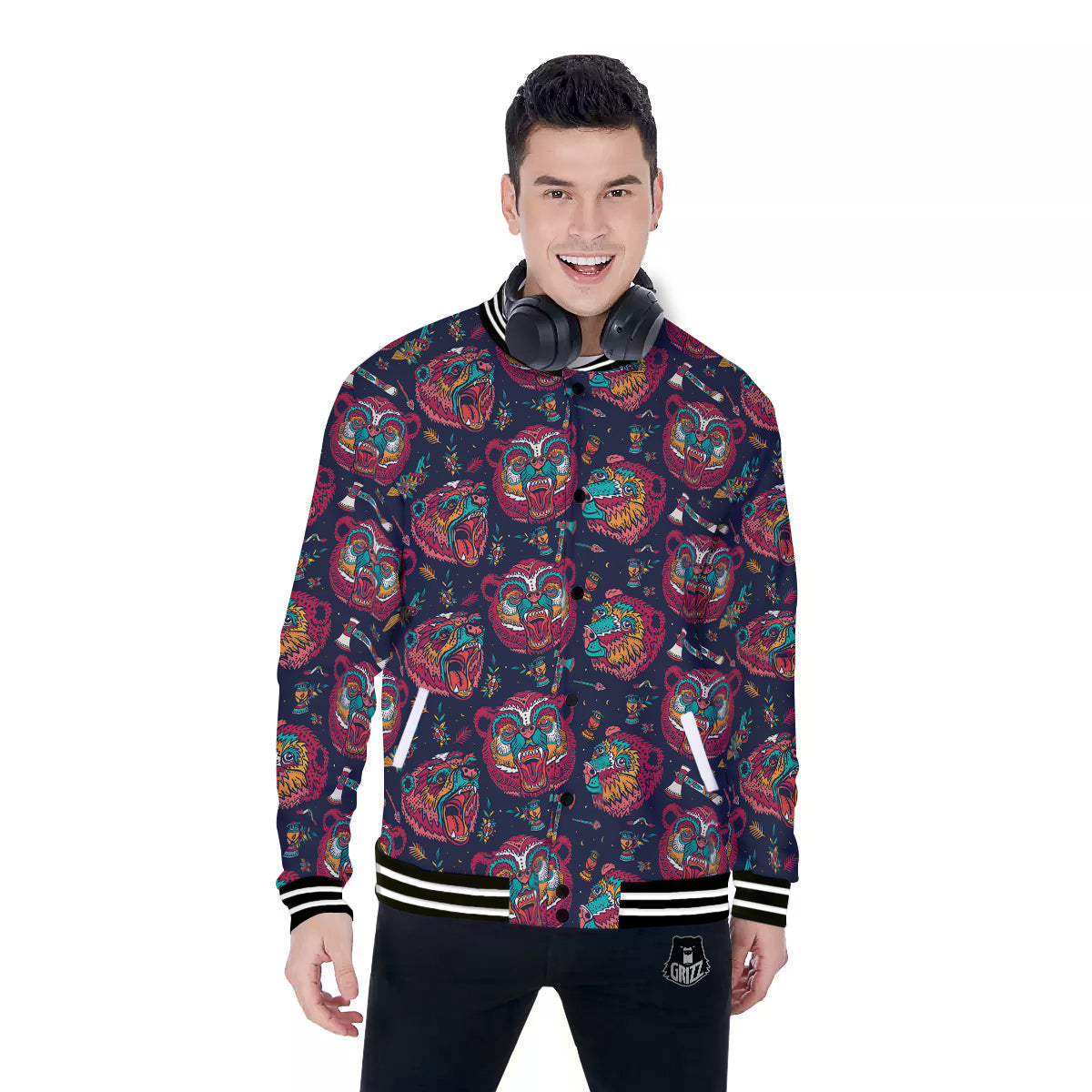 Grizz Bear Oldschool Tattoo Print Pattern Baseball Jacket-grizzshop