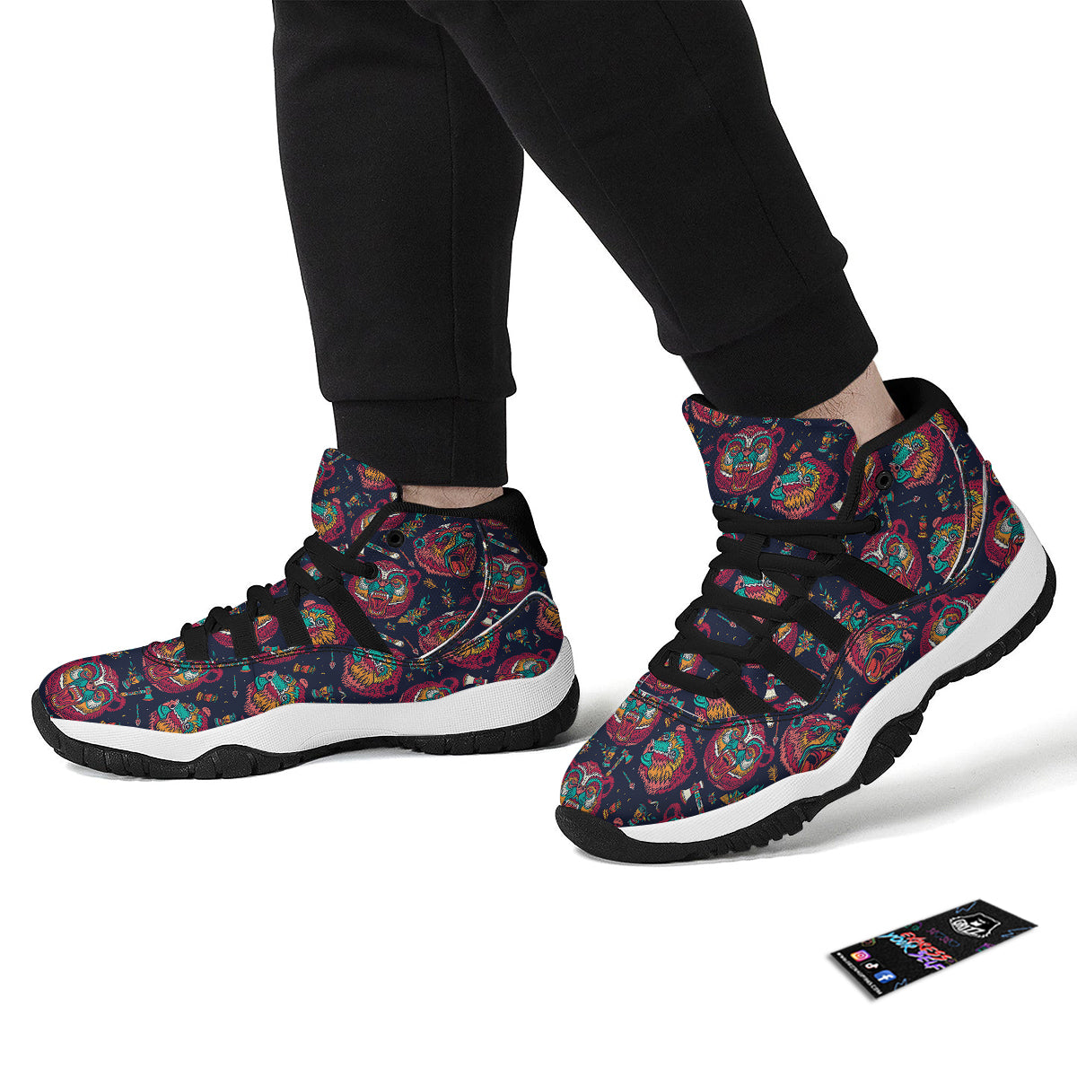 Grizz Bear Oldschool Tattoo Print Pattern Black Bball Shoes-grizzshop