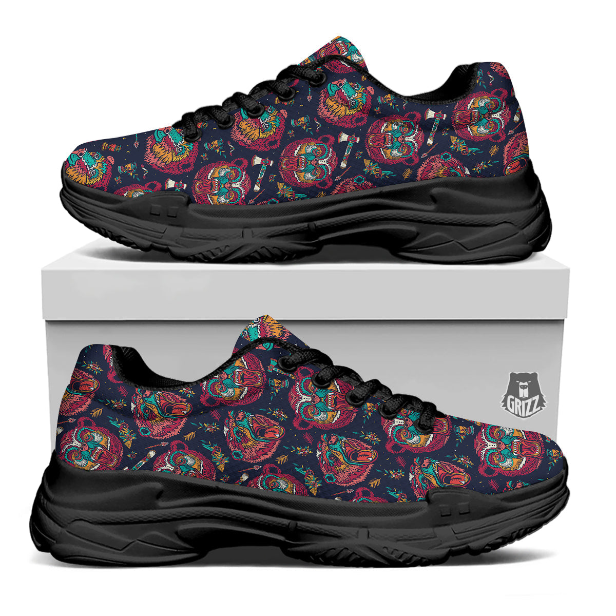 Grizz Bear Oldschool Tattoo Print Pattern Black Chunky Shoes-grizzshop