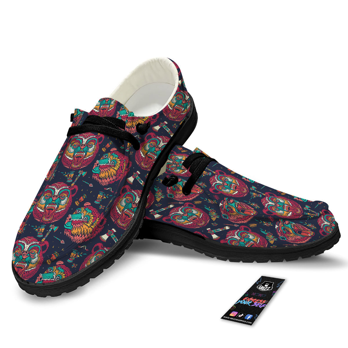 Grizz Bear Oldschool Tattoo Print Pattern Black Loafers-grizzshop
