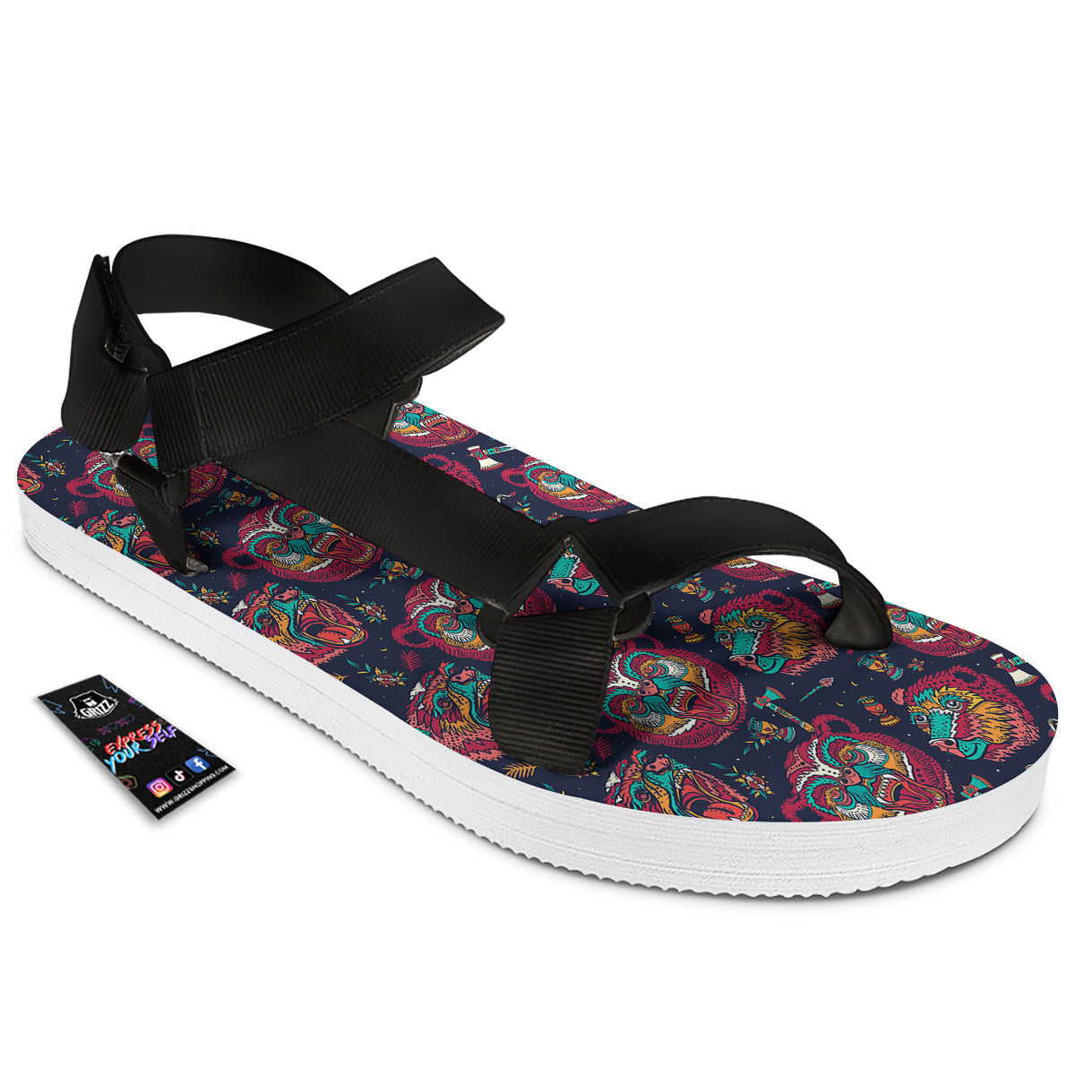 Grizz Bear Oldschool Tattoo Print Pattern Black Open Toe Sandals-grizzshop