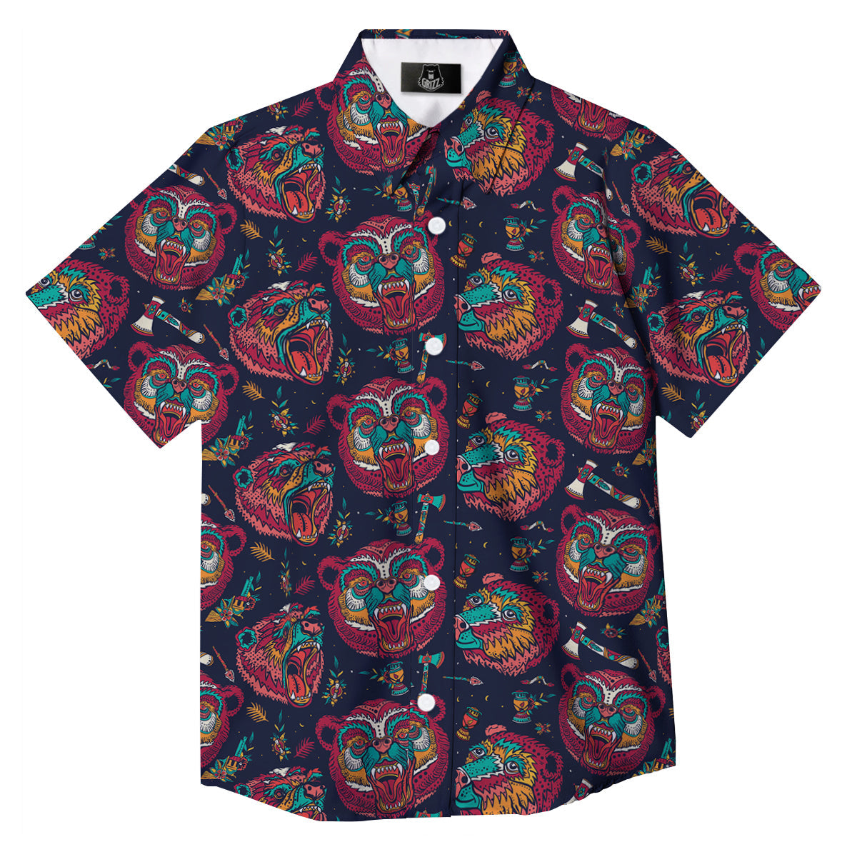 Grizz Bear Oldschool Tattoo Print Pattern Button Up Shirt-grizzshop